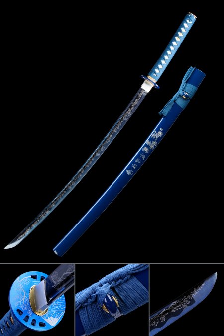 Blue Blade Katana, Handmade Japanese Katana Samurai Sword With Blue Scabbard