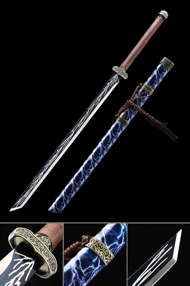 Manganese Steel Ninjato with Black Lightning-Engraved Blade in Blue Lightning Saya - Pink Tsuka
