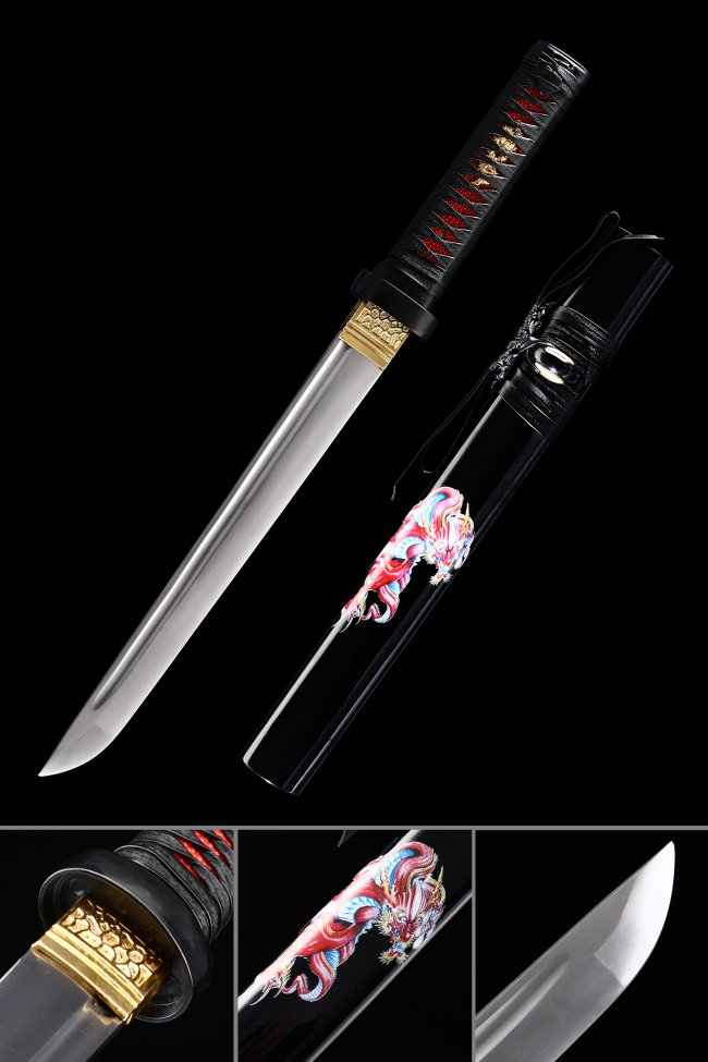 Manganese Steel Hamidashi Tanto in Black Lacquer Saya with Dragon Art & Gold Wave Tsuba