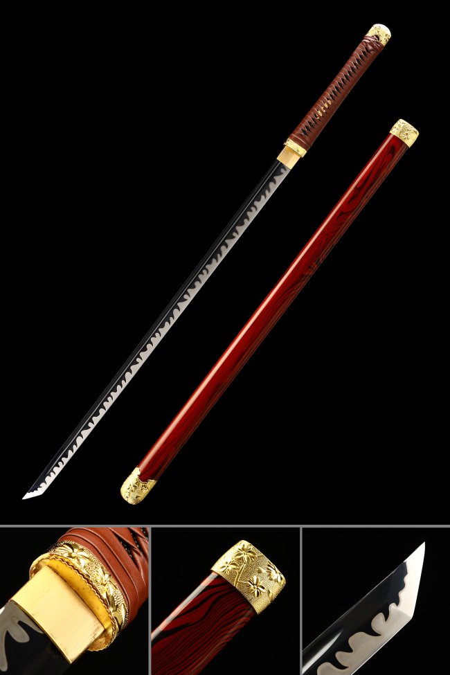 Manganese Steel Ninjato with Black Blade in Red Rosewood Saya - Gold Chrysanthemum Fittings