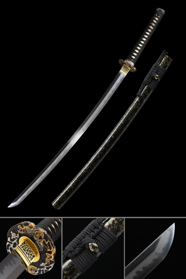 T10 Steel Katana with Clay Tempered Blade & Gold-Black Dragon Tsuba - Black Lacquer Saya