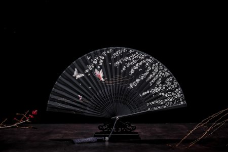 Japanese Folding Silk Hand Held Fan With Bamboo Frame