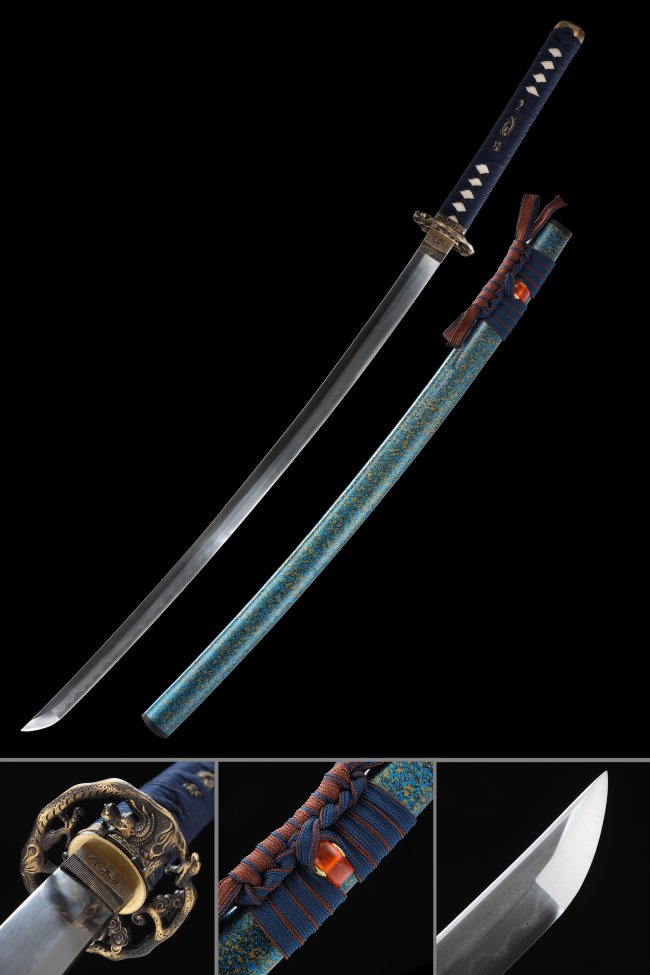 Damascus Steel Katana with Teal Lacquer Saya in Gold Vine Pattern - Bronze Dragon Tsuba, Dark Blue Handle