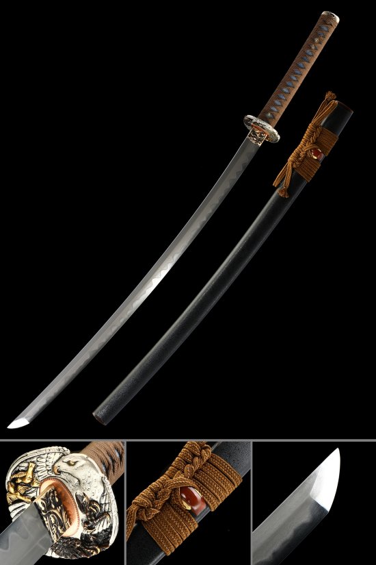 Hand-Forged Folded Melaleuca Steel Katana with Phoenix Tsuba in Black Saya - Brown Cord Handle