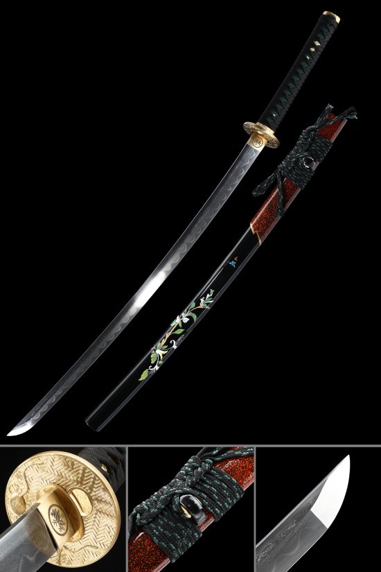 Damascus Steel Katana with Gold Chrysanthemum Tsuba - Black & Red Floral Lacquer Saya