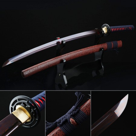 Handmade Japanese Katana Sword T10 Carbon Steel With Blue Blade And Red Scabbard