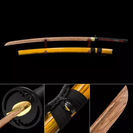 Handmade Brown Wooden Blunt Unsharpened Blade Katana Samurai Swords With Yellow Scabbard