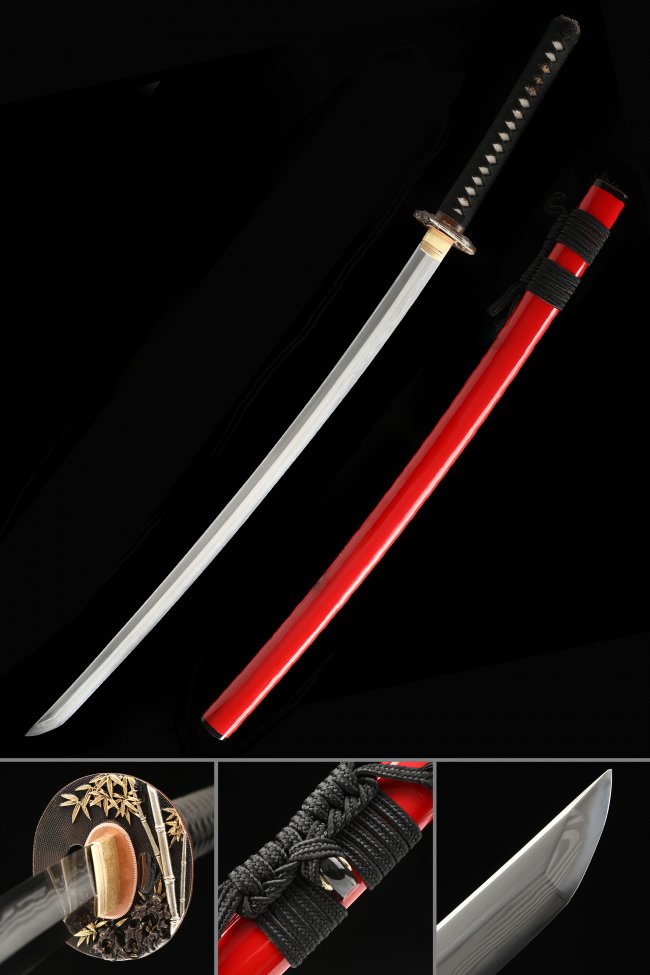 Damascus Steel Katana with Real Hamon, Red Lacquer Saya & Gold Bamboo Tsuba