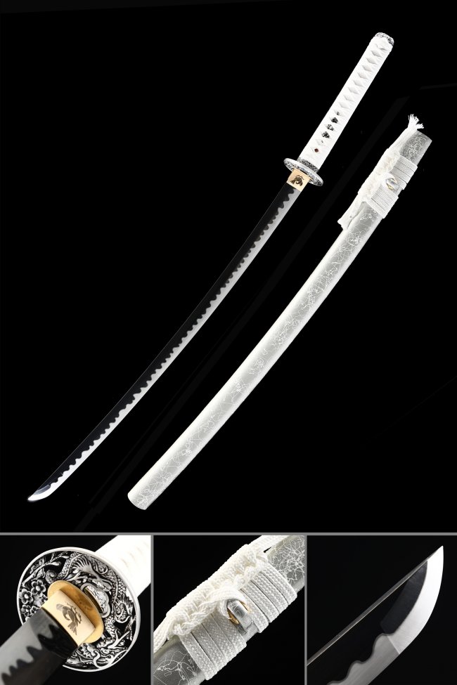 White Katana Manganese Steel Black Blade Full Tang Samurai Sword with Dragon Tsuba and Piano Lacquer Saya
