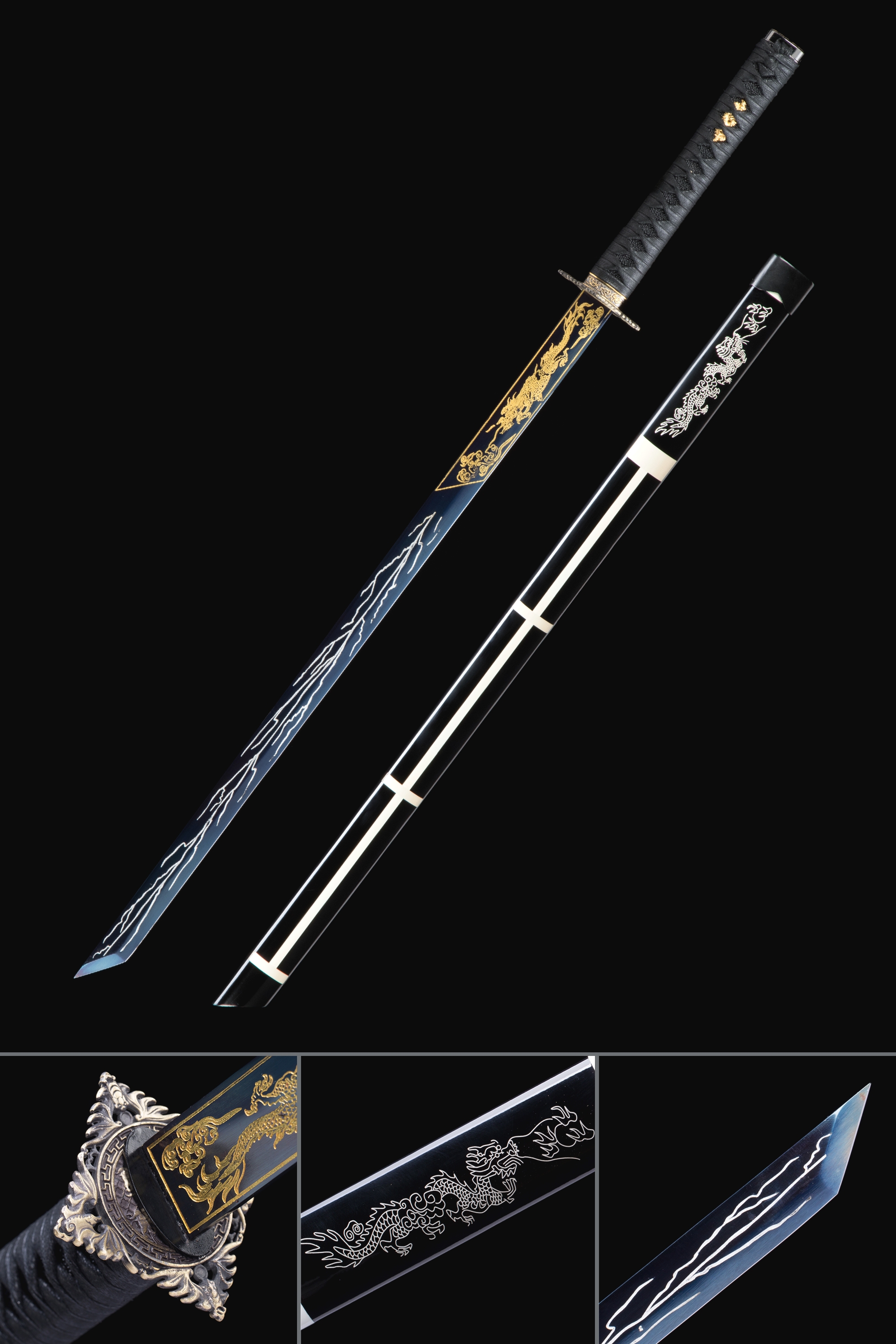 Handmade Japanese Straight Sword With Blue Lightning Blade