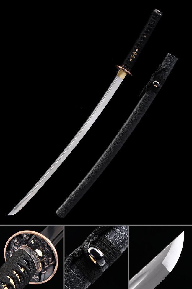 Manganese Steel Katana with Samurai Tsuba in Black Leather Saya - Full Tang Collectible