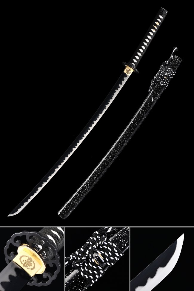 Black Blade Katana in High Manganese Steel with Black-Gold Tsuba and Black-White Ito Wrap