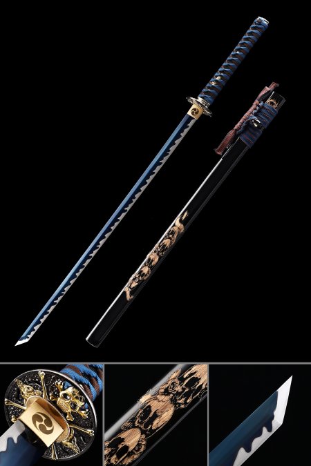 Épée Droite Japonaise Faite à La Main Pleine Soie Avec Lame Bleue