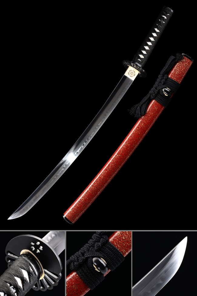 T10 Carbon Steel Wakizashi with Real Hamon in Red Lacquer Hardwood Saya - Black Tsuka