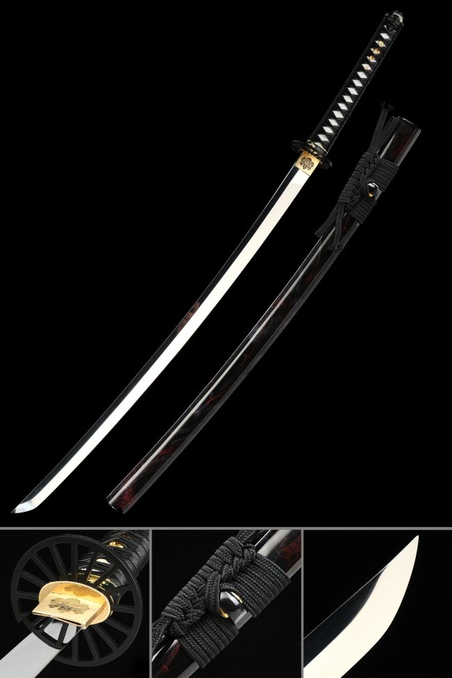 1095 Carbon Steel Katana with Dark Red Dragon Saya - Chrysanthemum Tsuba, Black-White Ito