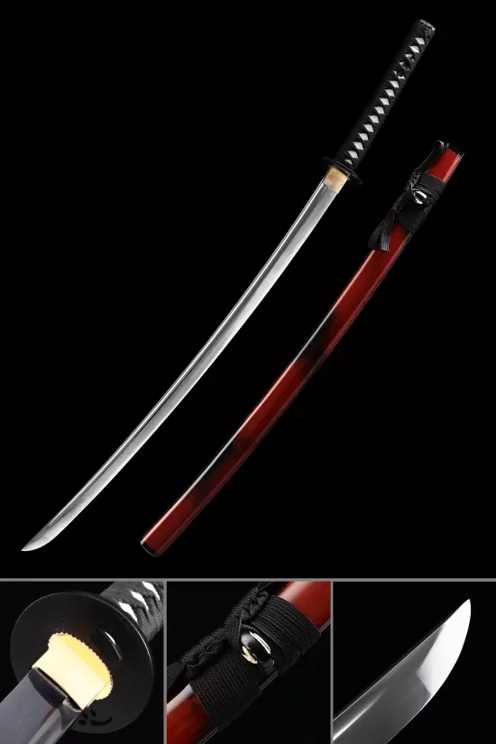 Handmade Japanese Samurai Sword With Black And Red Scabbard