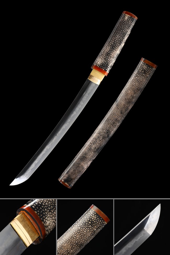 T10 Carbon Steel Shirasaya Tanto with Real Rayskin Saya - Full Tang Hamon Blade