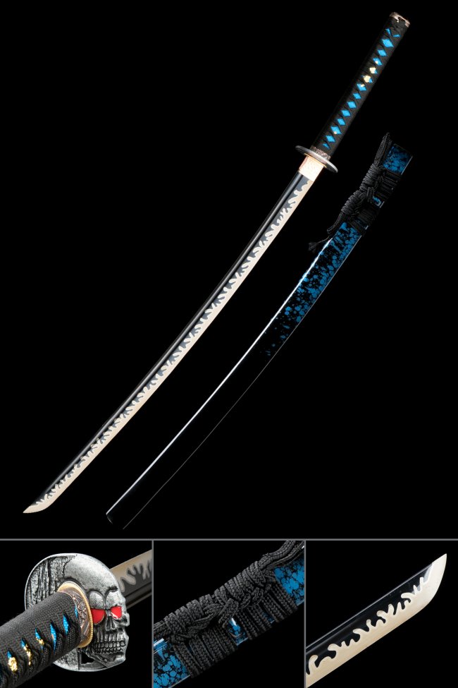 1060 Carbon Steel Katana with Skull Tsuba - Black & Blue Flame-Engraved Blade Replica