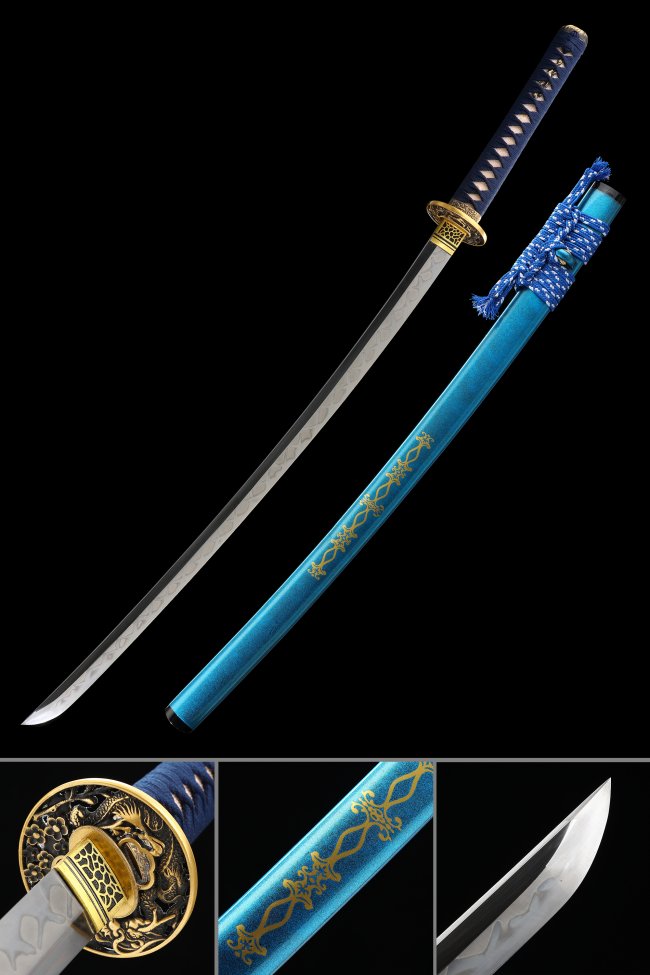 T10 Carbon Steel Katana with Teal Lacquer Saya - Gold Dragon Tsuba, Blue Ito Wrap
