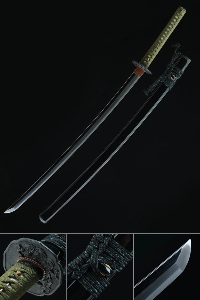Dragon Tsuba Tamahagane Steel Katana, Full Tang, Black Saya & Green Tsuka
