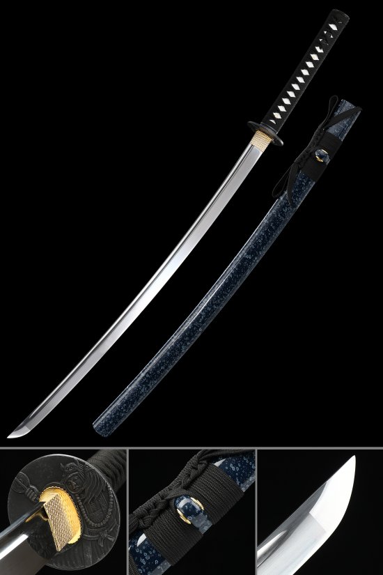 1095 Carbon Steel Full Tang Katana with Blue Speckled Saya and Samurai Tsuba - Collectible Japanese Sword