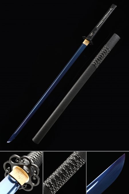 Handmade High Manganese Steel Blue Blade Real Japanese Ninjato Ninja Sword With Black Scabbard