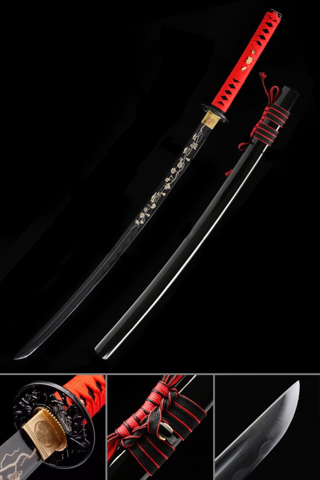 T10 Clay-Tempered Katana Sword with Red Ito Wrap in Black Piano Lacquer Saya - Full Tang Collectible