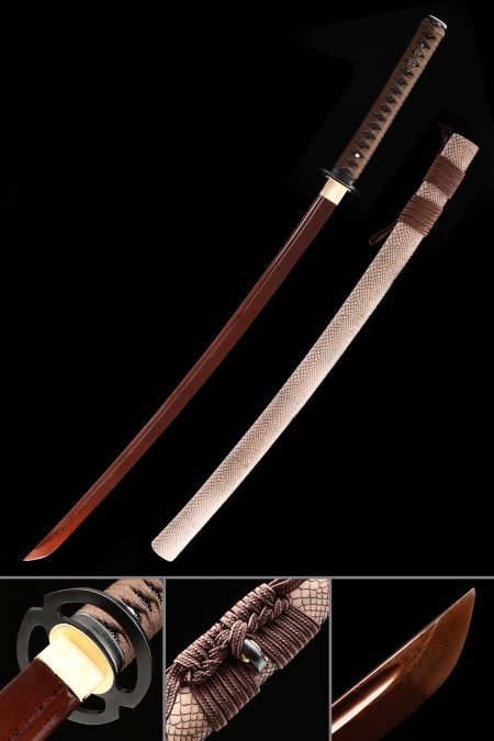 Handmade Japanese Sword Damascus Steel With Red Blade And Brown Scabbard