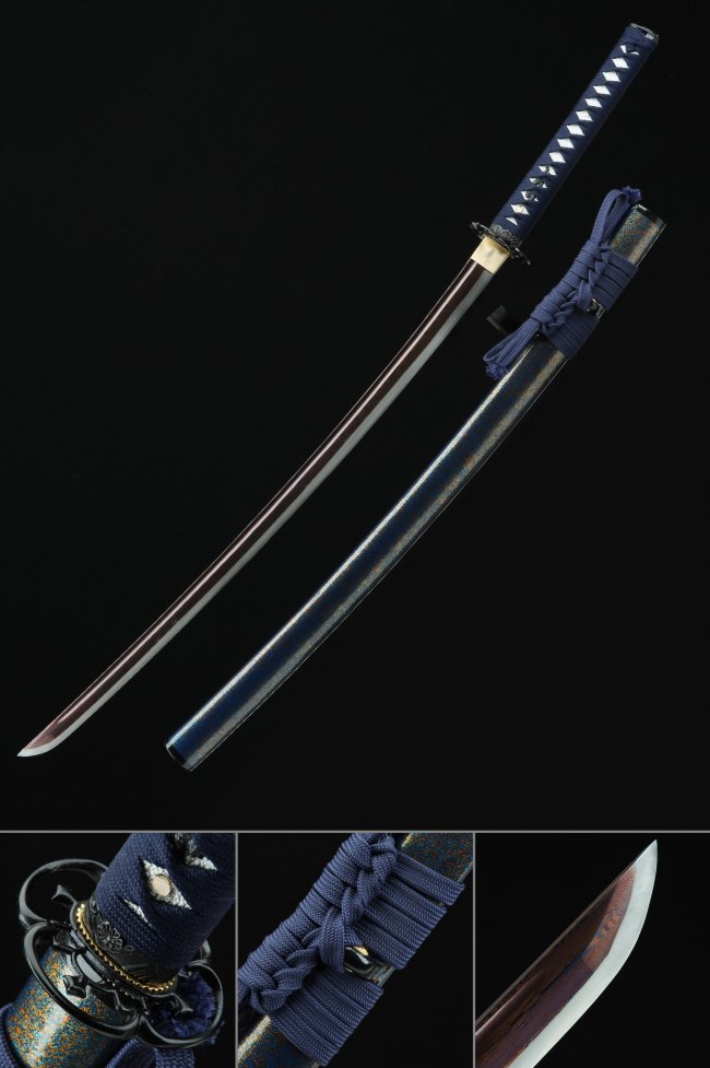 Damascus Steel Katana with Dark Red Blade, Blue Lacquer Saya & Chrysanthemum Tsuba