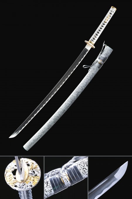 Full Tang Katana, Japanese Samurai Sword Spring Steel With White Scabbard