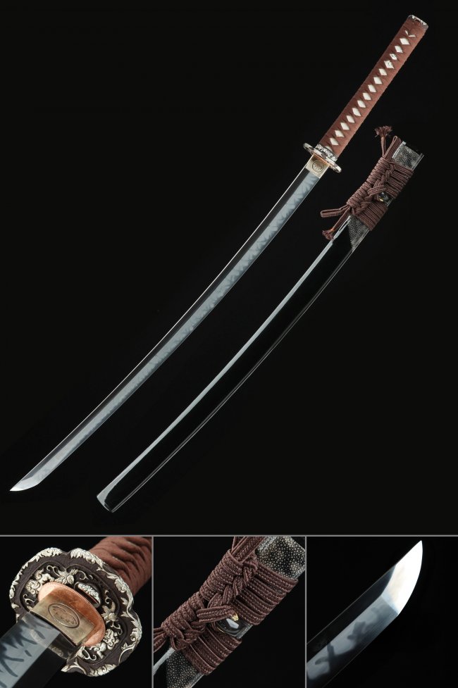 Handmade Japanese Katana in T10 Carbon Steel - Clay Tempered, Real Hamon, Black Saya, Full Tang