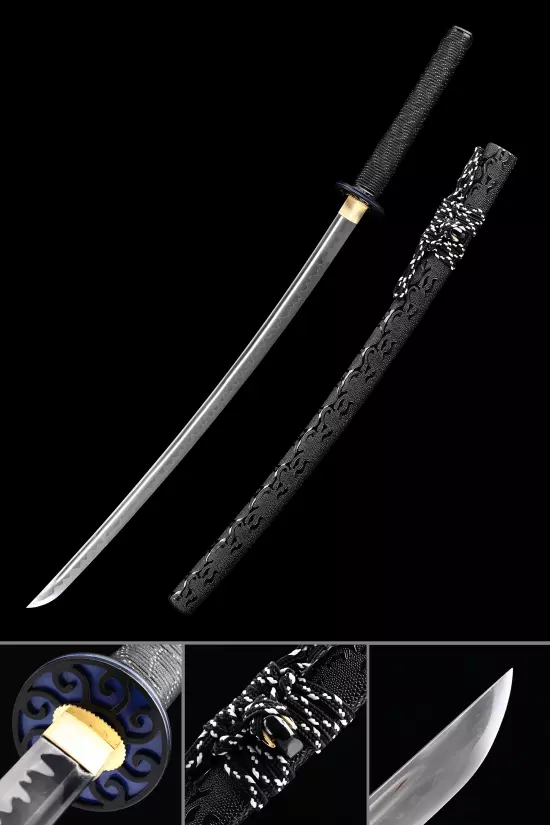 Handmade Real Japanese Katana Sword With Black Leather Scabbard