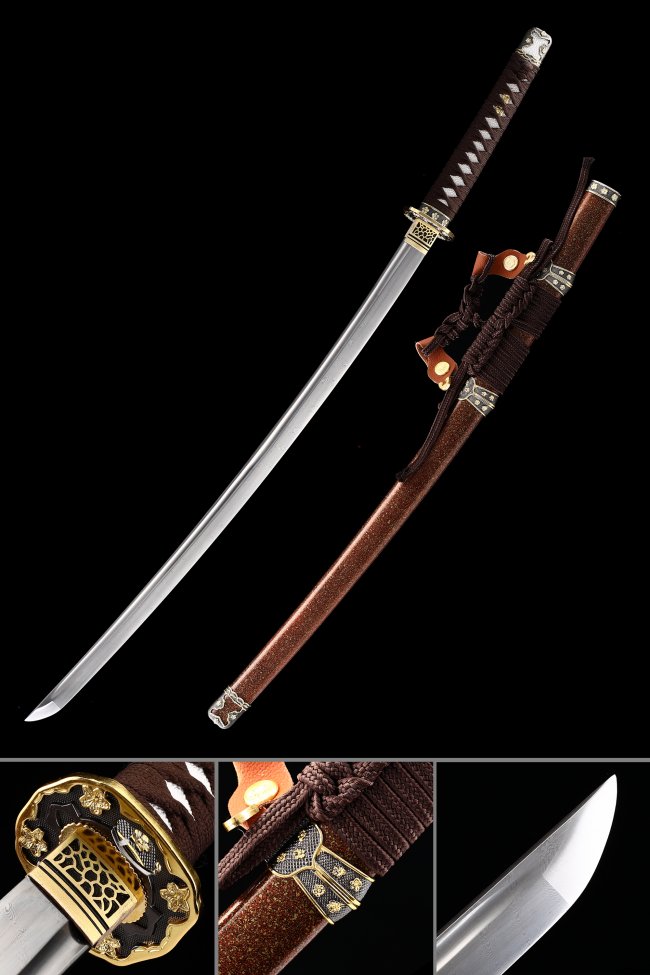 Damascus Steel Tachi Sword with Brown Saya, Black-Gold Floral Tsuba & Full Tang Blade
