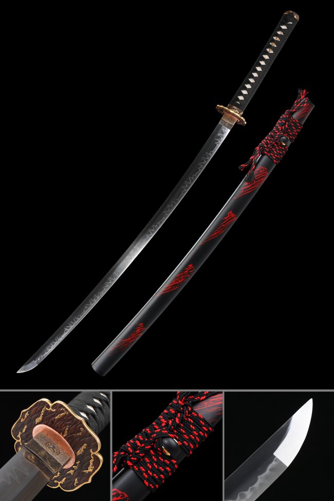 T10 Carbon Steel Katana with Real Hamon, Black-Red Flame Saya & Dragon Tsuba