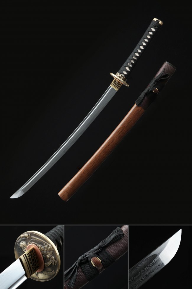 Damascus Steel Wakizashi with Brown Hardwood Saya - Lion Copper Tsuba, Dragon Engraved Blade