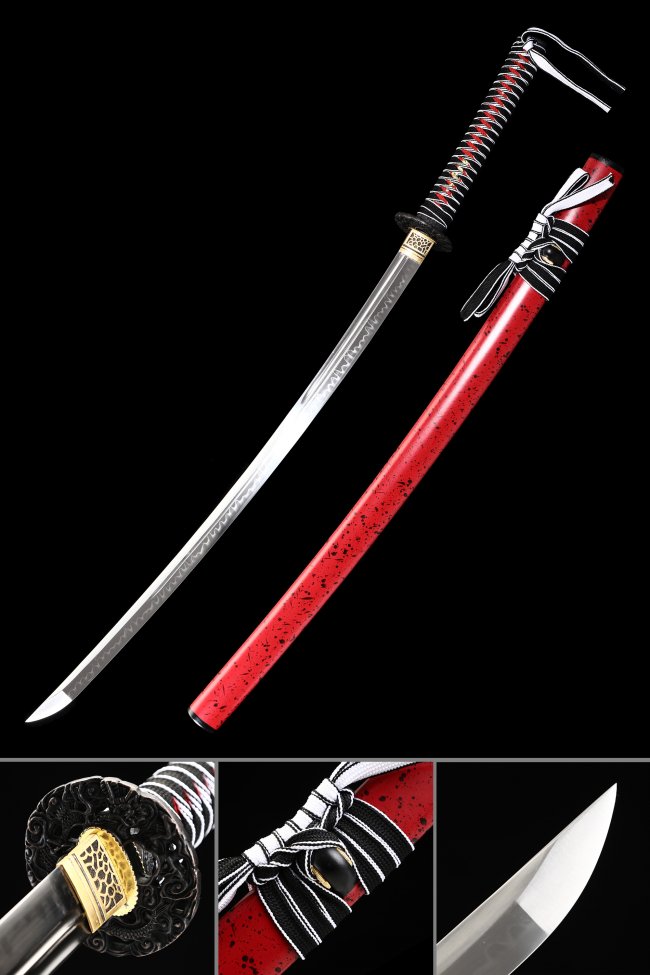 T10 Carbon Steel Katana with Real Hamon in Red Lacquer Saya - Black & Red Tsuka, Ornate Scroll Tsuba