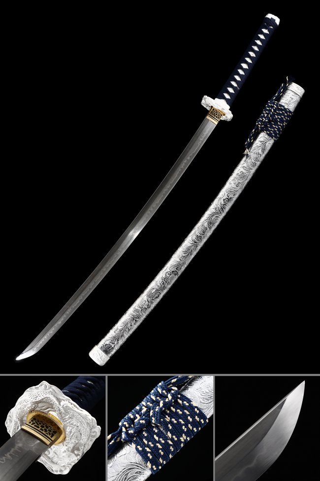 T10 Carbon Steel Katana with Silver Engraved Saya - Real Hamon, Full Tang, Dark Blue Cord Handle