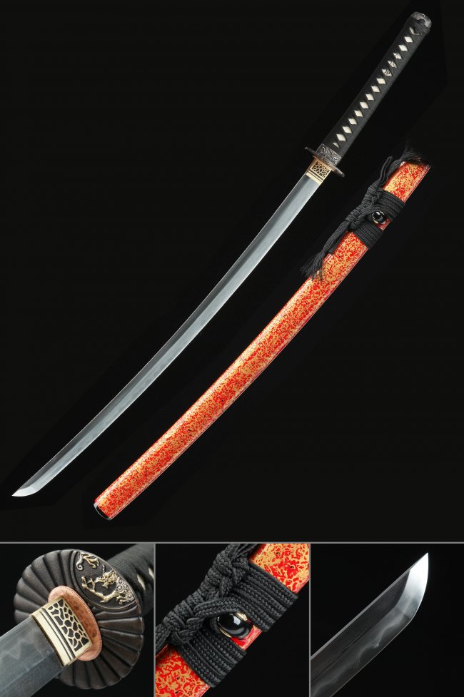 Damascus Pattern Steel Katana with Real Hamon, Dragon Tsuba in Red Lacquer Saya - Black Cord Grip