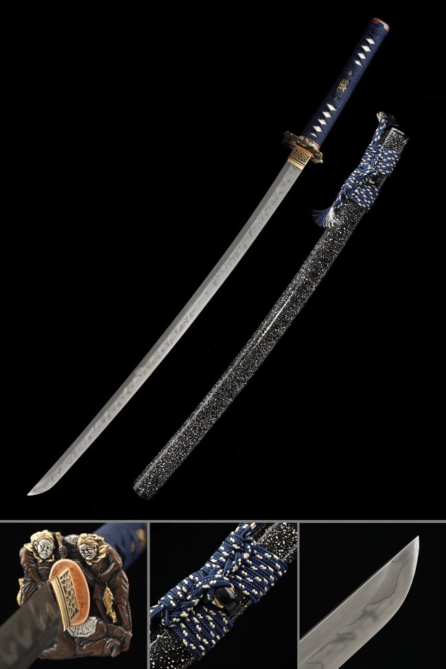 T10 Folded Steel Katana with Real Hamon in Marble Saya - Dark Blue Tsuka, Samurai Tsuba