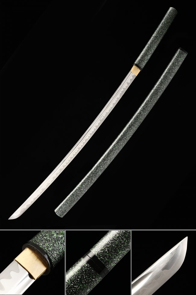 T10 Carbon Steel Shirasaya Katana with Dark Green Marble Lacquer Saya - Real Hamon, Full Tang