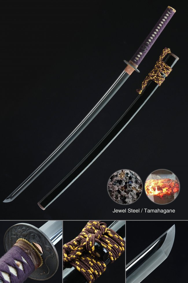Tamahagane Steel Katana with Hamon Blade, Purple Tsuka & Black Lacquer Saya - Koshirae Style