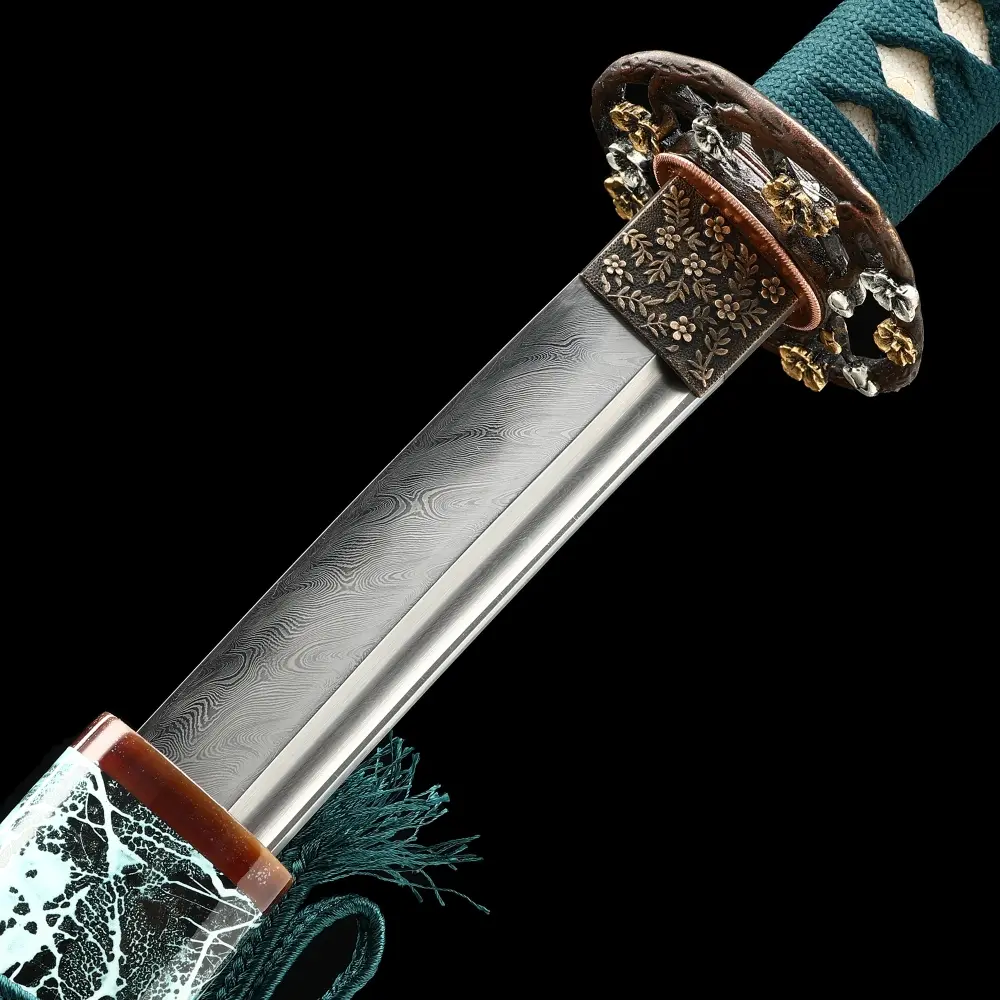 Damascus Katana | Damascus Steel Katana with Teal Marble Hardwood