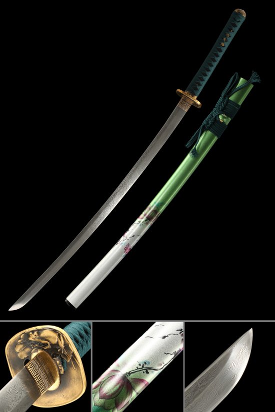 Damascus Steel Katana with Hand-Painted Floral Saya - Gold Lion Tsuba, Teal Cord Handle