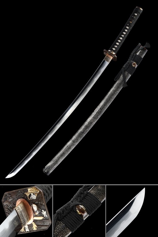 Damascus Steel Katana with Pearl Rayskin Saya - Bronze Samurai Tsuba, Black Cord Handle