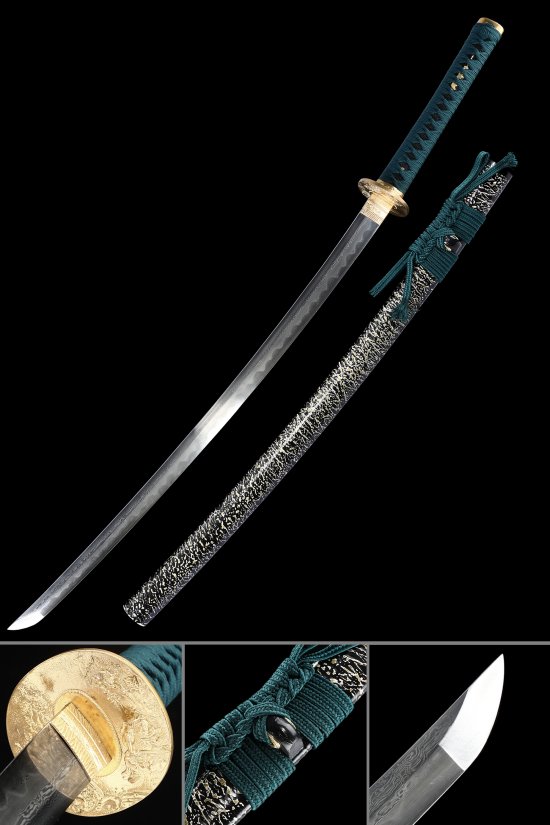 Damascus Steel Katana with Hamon, Gold Dragon Tsuba & Teal Ito Handle in Marble Lacquer Saya