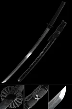Damascus Steel Katana with Iron Chrysanthemum Tsuba - Black Hardwood Saya, Full Tang Blade