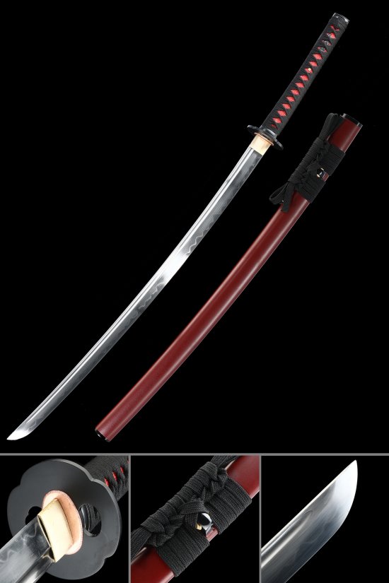T10 Carbon Steel Katana with Dark Red Hardwood Saya - Black-Red Handle, Hamon Blade