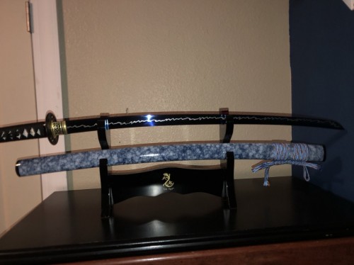 Handmade Japanese Samurai Sword With Blue Rose Blade And Scabbard