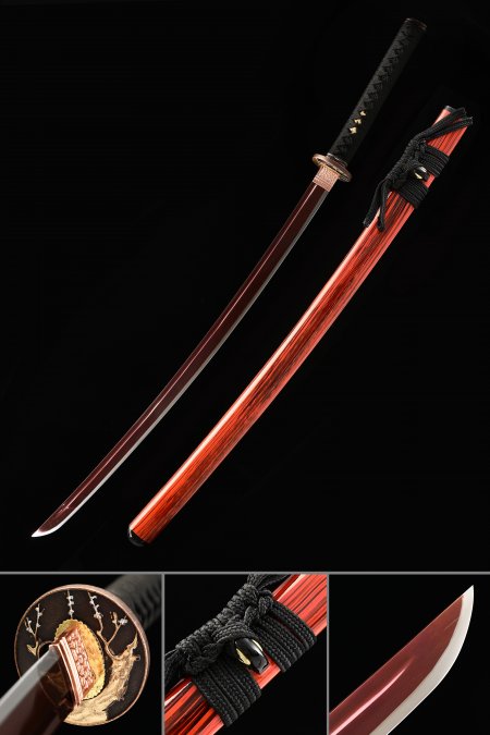 Red Blade Katana, Handmade Japanese Katana Sword Spring Steel With Red Blade And Scabbard