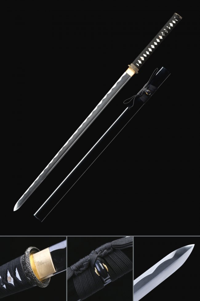 1045 Carbon Steel Ninjato in Black Hardwood Saya with Ornate Scroll Alloy Tsuba - Koshirae Style